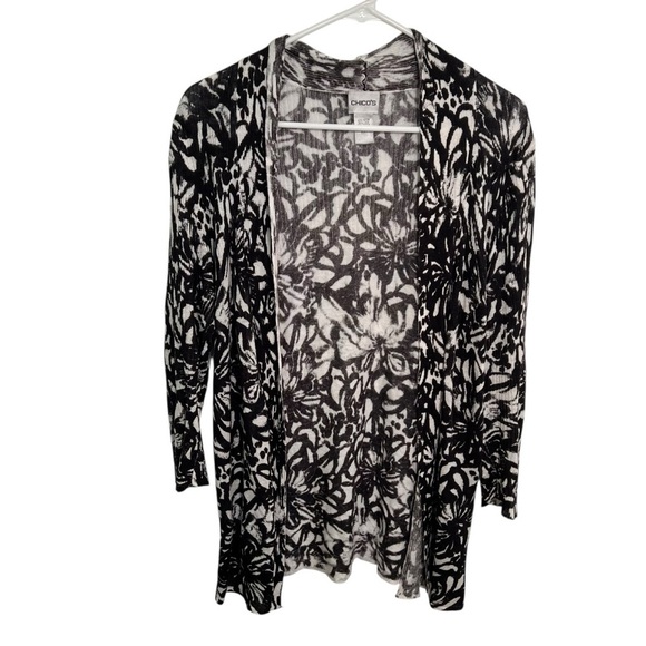 Chico’s Open Front Cardigan Black White Floral 1 - Picture 1 of 9